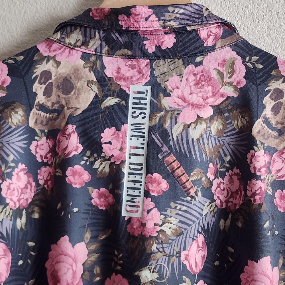 Grunt Style Polo Shirt Mens 2XL Black Pink Floral Skulls Grenades Stretch Golf - Picture 8 of 10